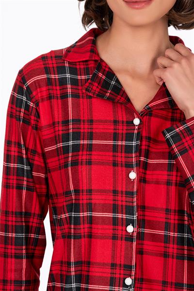 Kadın Süet Önden Düğmeli Pijama Takımı | Ekose Kırmızı