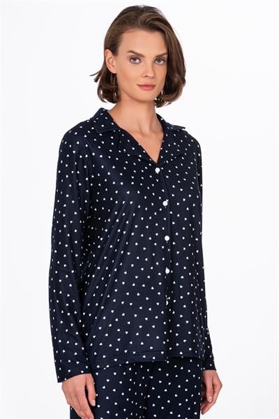Kadın Süet Önden Düğmeli Pijama Takımı | Kalpli Lacivert