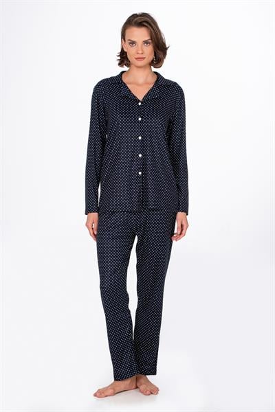 Kadın Süet Önden Düğmeli Pijama Takımı | Puantiyeli Lacivert