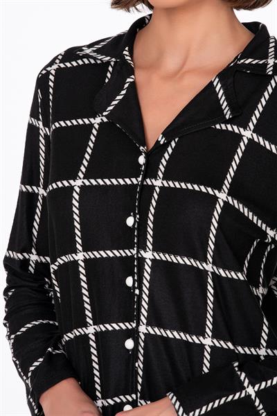 Kadın Süet Önden Düğmeli Pijama Takımı | Beyaz Çizgili