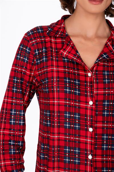 Kadın Süet Önden Düğmeli Pijama Takımı | Ekose Kırmızı - Lacivert