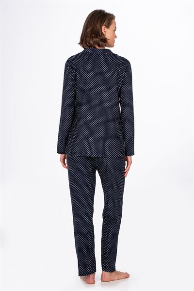 Kadın Süet Önden Düğmeli Pijama Takımı | Puantiyeli Lacivert