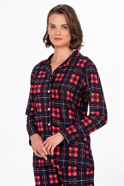 Kadın Süet Önden Düğmeli Pijama Takımı | Ekose Lacivert