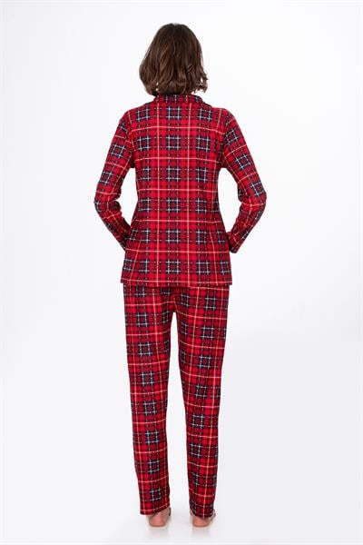 Kadın Süet Önden Düğmeli Pijama Takımı | Ekose Kırmızı - Lacivert