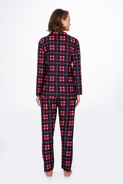 Kadın Süet Önden Düğmeli Pijama Takımı | Ekose Lacivert