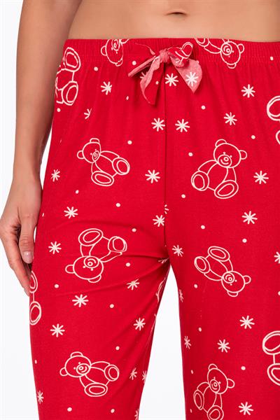 Kadın Süet Kırmızı Ayıcık Desenli Pijama Tek Alt