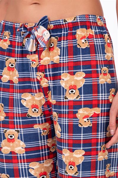 Kadın Süet Kareli Ayıcık Desenli Pijama Tek Alt