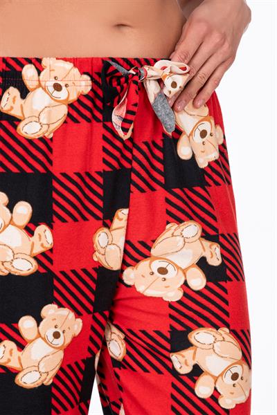 Kadın Süet Kırmızı Kareli Ayıcık Desenli Pijama Tek Alt