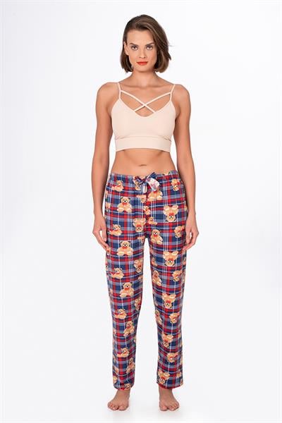 Kadın Süet Kareli Ayıcık Desenli Pijama Tek Alt