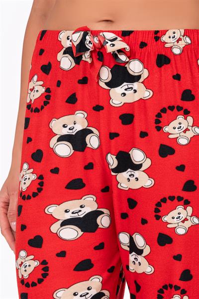Kadın Süet Kalpli Ayıcık Desenli Pijama Tek Alt