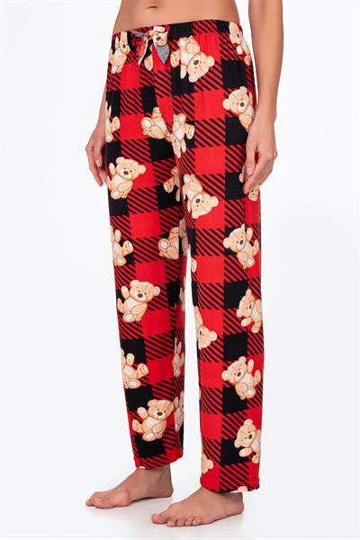 Kadın Süet Kırmızı Kareli Ayıcık Desenli Pijama Tek Alt