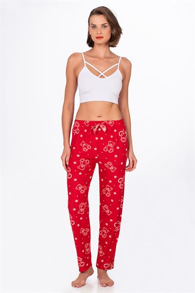 Kadın Süet Kırmızı Ayıcık Desenli Pijama Tek Alt