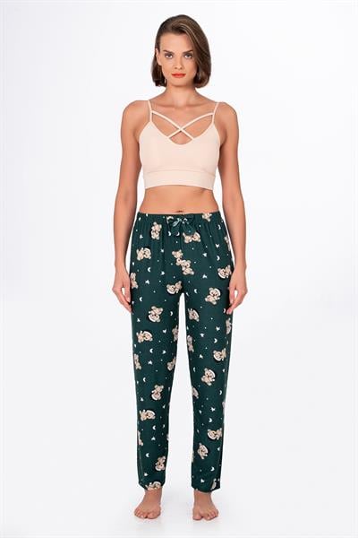 Kadın Süet Ayıcık Desenli Pijama Tek Alt – Yeşil