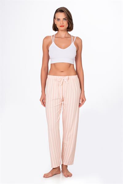 Kadın Süet Bej Çizgili Pijama Tek Alt