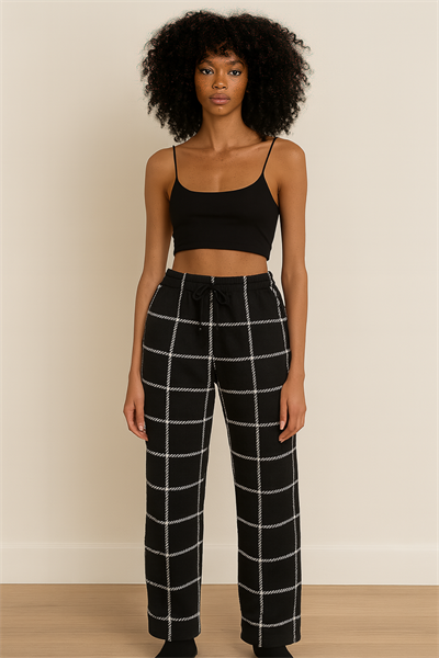 Kadın Süet Pijama Tek Alt | Ekose Siyah