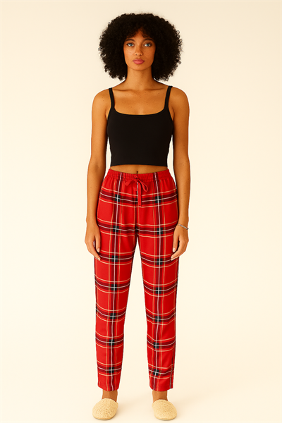 Kadın Süet Pijama Tek Alt | Kırmızı Yeşil