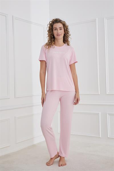 Kadın Yıldız Desenli Bisiklet Yaka Pijama Takım | Pembe 80601-1237