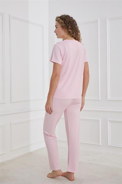 Kadın Yıldız Desenli Bisiklet Yaka Pijama Takım | Pembe 80601-1237