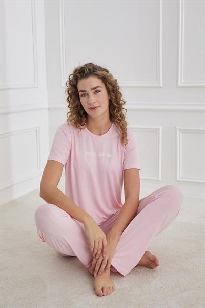 Kadın Yıldız Desenli Bisiklet Yaka Pijama Takım | Pembe 80601-1237