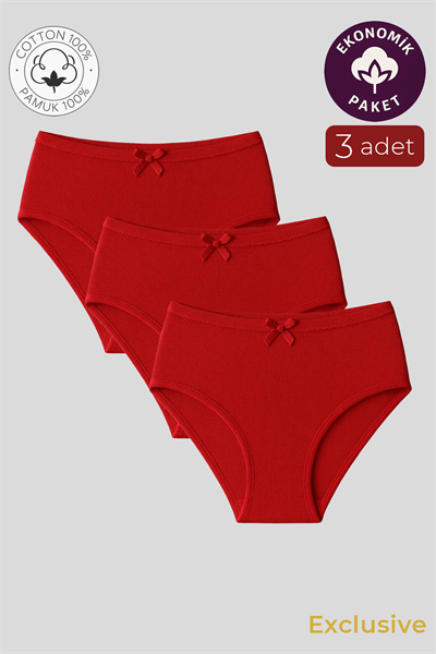 Kadın Yüksek Bel Pamuklu Ribana Slip Külot 3lü Paket – Esnek & Rahat | Kırmızı K0305