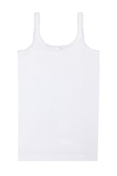 Kız Çocuk %100 Pamuklu Ribana Yakası Dantel Detaylı İnce Askılı Örme Atlet | Beyaz K1610