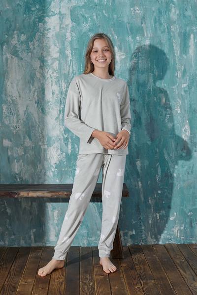 Kız Çocuk Kadife Bisiklet Yaka Altı Uzun Pijama Takım | Bej 13353-63