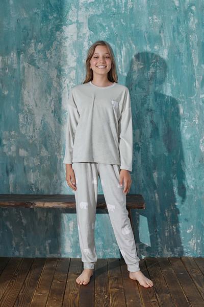 Kız Çocuk Kadife Bisiklet Yaka Altı Uzun Pijama Takım | Bej 13353-63