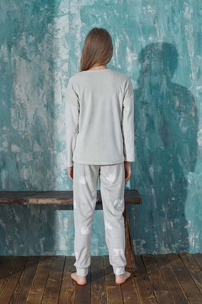 Kız Çocuk Kadife Bisiklet Yaka Altı Uzun Pijama Takım | Bej 13353-63