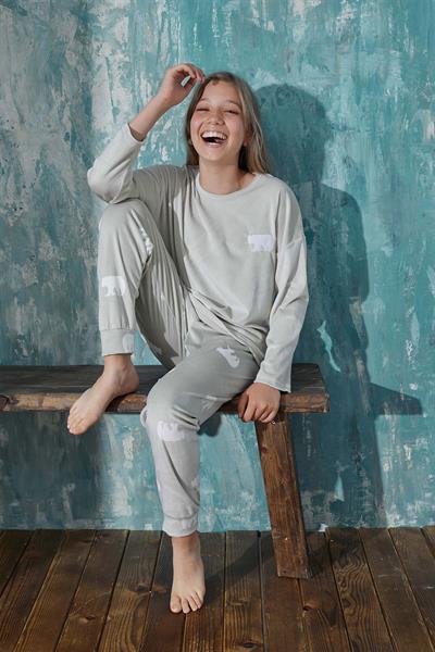 Kız Çocuk Kadife Bisiklet Yaka Altı Uzun Pijama Takım | Bej 13353-63