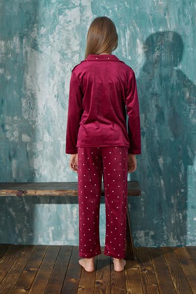 Kız Çocuk Kadife Önden Düğmeli Altı Uzun Pijama Takım | Bordo 13354-47