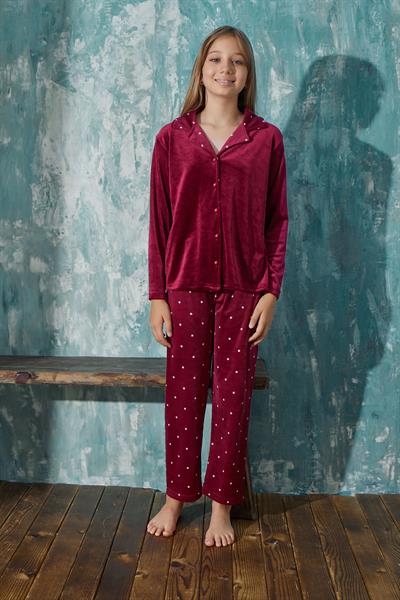 Kız Çocuk Kadife Önden Düğmeli Altı Uzun Pijama Takım | Bordo 13354-47
