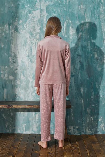 Kız Çocuk Kadife Önden Düğmeli Altı Uzun Pijama Takım | Pudra 13354-17 