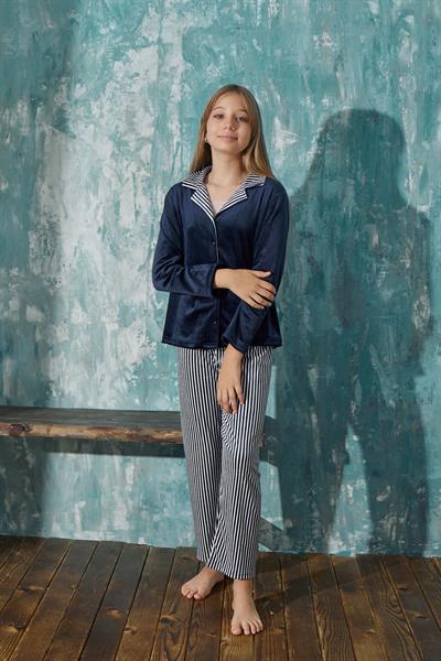 Kız Çocuk Kadife Önden Düğmeli Altı Uzun Pijama Takım | Lacivert 13354-10