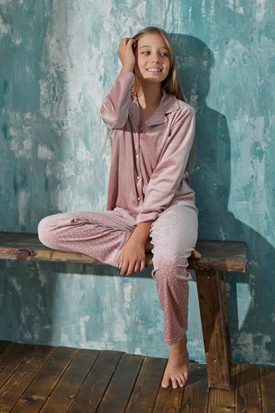 Kız Çocuk Kadife Önden Düğmeli Altı Uzun Pijama Takım | Pudra 13354-17 
