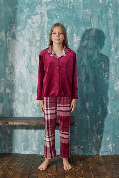 Kız Çocuk Kadife Önden Düğmeli Altı Uzun Pijama Takım | Bordo 13354-49