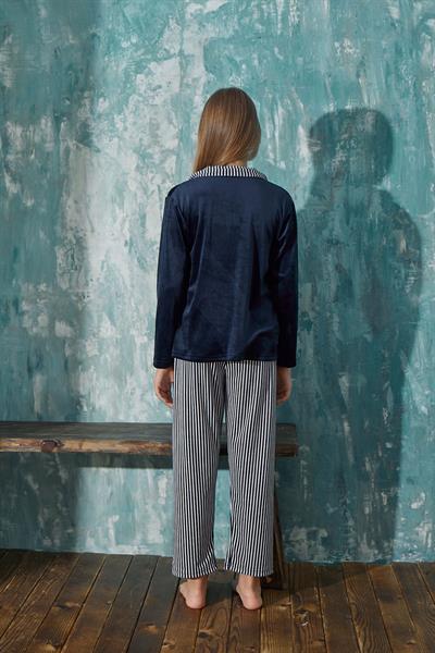 Kız Çocuk Kadife Önden Düğmeli Altı Uzun Pijama Takım | Lacivert 13354-10