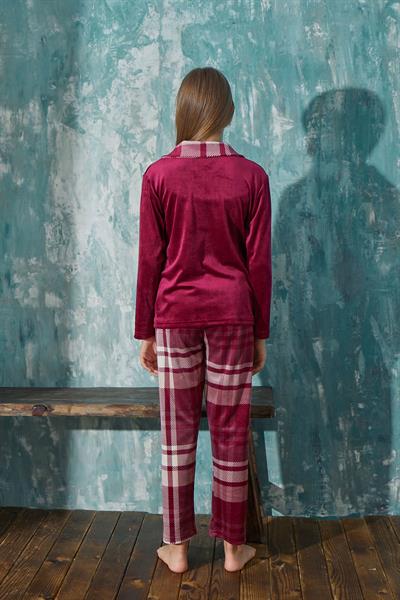 Kız Çocuk Kadife Önden Düğmeli Altı Uzun Pijama Takım | Bordo 13354-49