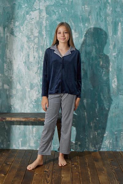 Kız Çocuk Kadife Önden Düğmeli Altı Uzun Pijama Takım | Lacivert 13354-10