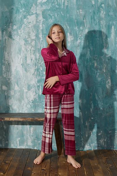 Kız Çocuk Kadife Önden Düğmeli Altı Uzun Pijama Takım | Bordo 13354-49