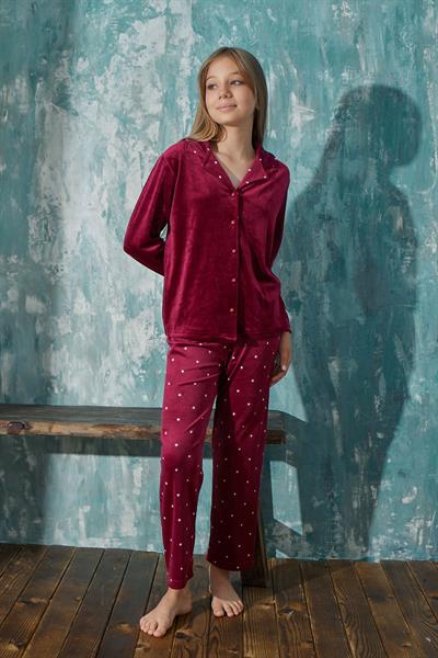 Kız Çocuk Kadife Önden Düğmeli Altı Uzun Pijama Takım | Bordo 13354-47