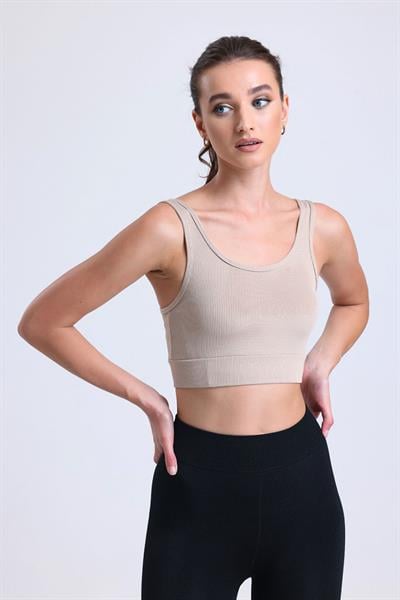Crop Fitilli Kalın Askı Sporcu Sütyen  | Ten