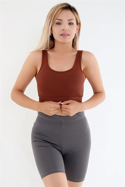 Crop Fitilli Kalın Askı Sporcu Sütyen | Kahverengi
