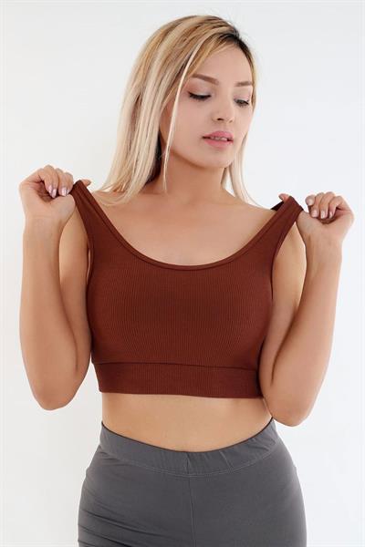 Crop Fitilli Kalın Askı Sporcu Sütyen | Kahverengi