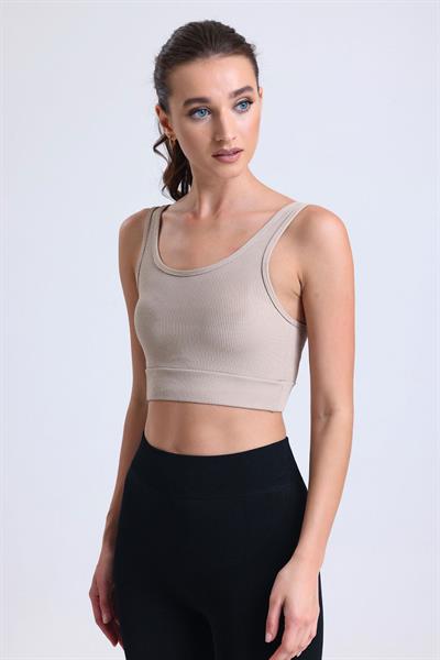 Crop Fitilli Kalın Askı Sporcu Sütyen  | Ten