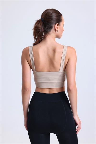 Crop Fitilli Kalın Askı Sporcu Sütyen  | Ten