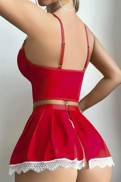 Kurdale Dantel Detay Önlüklü Fantezi Kostüm | Kırmızı 3762