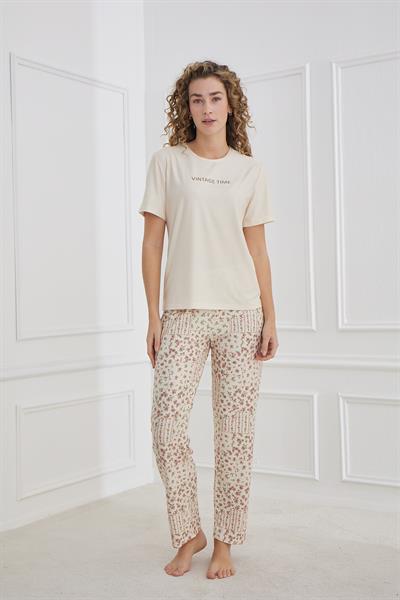 Kadın Çiçek Desenli Bisiklet Yaka Pijama Takım | Bej 30102-1169