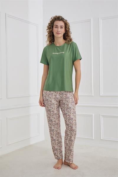 Kadın Şal Desenli Bisiklet Yaka Pijama Takım | Yeşil 30102-1172