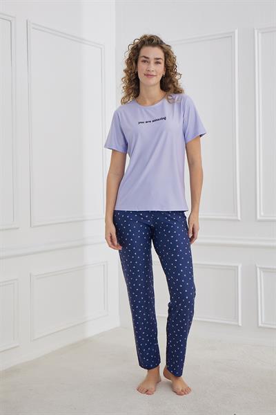 Kadın Desenli Bisiklet Yaka Pijama Takım | Lavanta 30102-1291