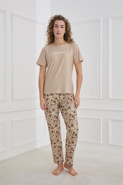 kadın Desenli Bisiklet Yaka Kısa Kollu  Pijama Takım | Kahverengi 30102-1173